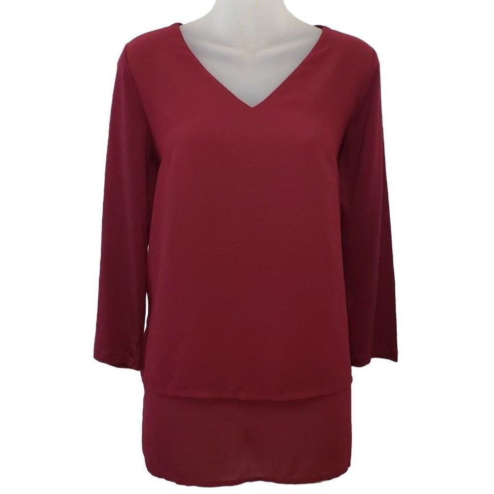 Michael Kors Layered Look Blouse Top‎ Women's XS Dark Red V-Neck Stretch NEW